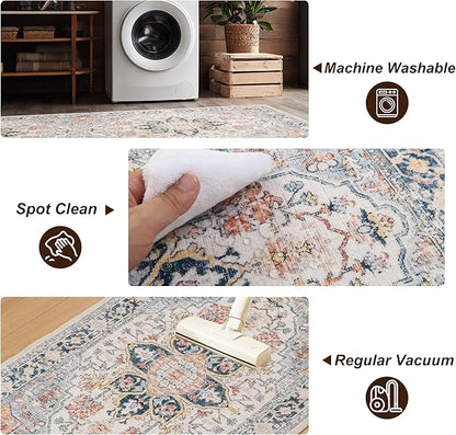 XWZO Runner Rug 2x10ft for Long Hallways, Washable Non-Slip Low Pile Area Rug with Rubber Backing, Spill Resistant Soft Vintage Floor Carpet for Kitchen Entryway Stair Landing Living Room, Colorful