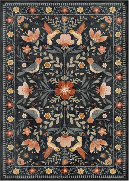 Moynesa Bedroom Rug 5x7, Washable Modern Transitional Black Area Rugs for Living Room Dining Room, Farmhouse Floral Bird Print Carpet, Folk Art Home Decor Open Floor Areas Non-Slip Protection