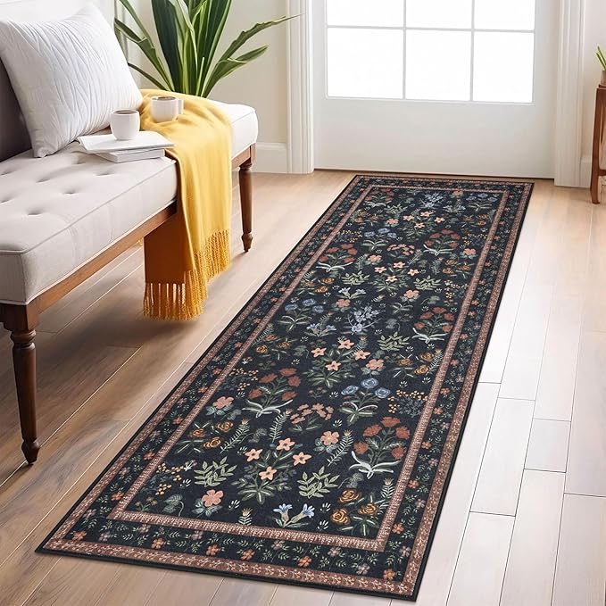 Boho Floral Machine Washable Runner Rug 2x6, Black Navy Kitchen Runner Rug Non-Slip, Super Thin Hallway Rug Runner Printed Faux Wool Soft Carpet for Entryway Bedroom Laundry Room Indoor