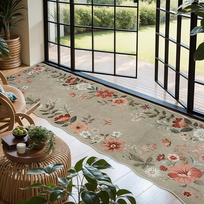 Lahome Floral Runners for Hallways, 2'6''x8' Kitchen Runner Rug Non Slip, Soft Washable Runner with Rubber Backing Carpet for Laundry Bedroom Bathroom(Brown)