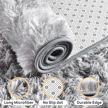 Shaggy Soft Fluffy Rug Non-Slip Indoor Floor Carpet for Living Room Anti-Skid Indoor Plush Carpet for Living Room, Height Pile 1.4" Plush Rug Tie-Dyed Light Grey 2x3 Feet