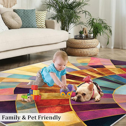 Chromatic Geometric Area Rugs 6x8ft, Abstraction Deco Living Room Area Rug, Mosaic Sunburst Play Rug with Carpet Tape Double Sided for Bedroom Office Home Decor