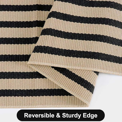 Black and Tan Outdoor Rug 24"x35", Washable Reversible Striped Front Door Mat,Cotton Hand-Woven Layered Door Mats Farmhouse Throw Rugs for Entryway Porch Decor Home Entrance