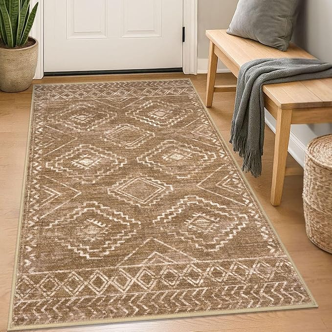 KILOCOCO Entryway Rug 3x5 Area Rug Boho Washable Non Slip Printed Throw Rugs Soft for Kitchen Living Room Dining Bedroom Geometric Moroccan Carpet, Yellow Brown Orange