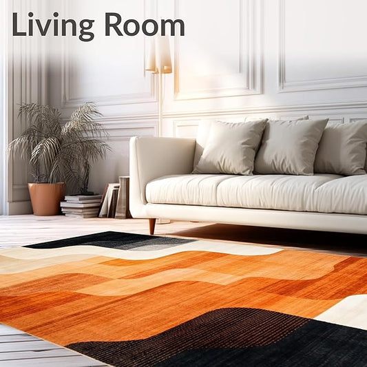 Flatwoven High Traffic Area Rug 8x10, Copper Black Burnt Orange Abstract Indoor Floor, Non Slip, Stain Resistant, Washable Area Rugs for Living Room, Bedroom (Beige, 8x10)