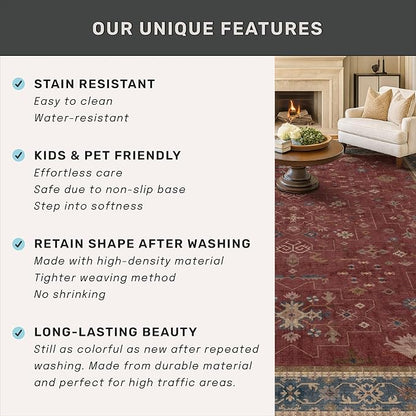 2x6 Turkish Kitchen Runner Rugs Non Skid Washable - Washable Rug for Hallway, Bedroom Bedside, Bathroom, Laundry Room, Hallway, Non Slip with Rubber Backing, Oriental Dark Red Kitchen Accessories