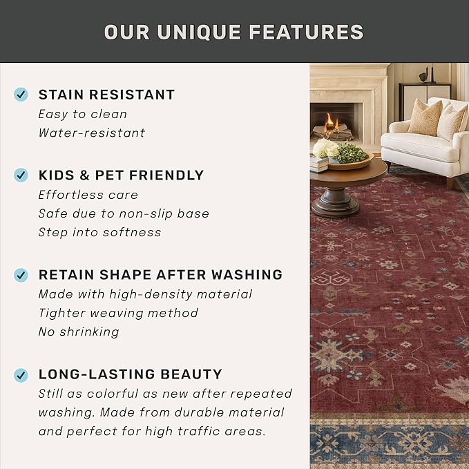 Oriental 7x10 Large Area Rugs for Bedroom Under Bed - Burgundy Rug for Living Room, Dining Room Under Kitchen Table, Washable Soft Non Slip Boho Indoor Décor