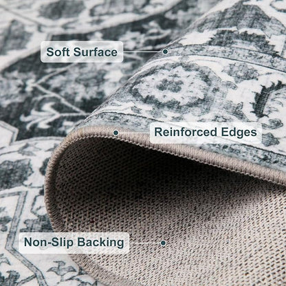 WILLSUN Washable Area Rugs, 5x7 Non-Slip Boho Large Area Rugs for Living Room, Bedroom, Machine Washable Vintage Rug, Indoor Floral Print Carpet for Home Decor, Kid & Pet Friendly Mat