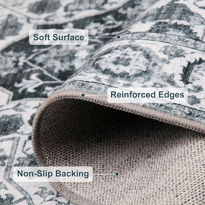 WILLSUN Washable Area Rugs, 8x10 Non-Slip Boho Large Area Rugs for Living Room, Bedroom, Machine Washable Vintage Rug, Indoor Floral Print Carpet for Home Decor, Kid & Pet Friendly Mat