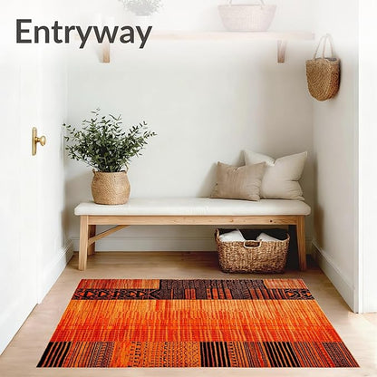 Flatwoven High Traffic Area Rug 5x7, Burnt Orange Copper Fiery Abstract Shape Floor, Non Slip, Stain Resistant, Washable Area Rugs for Living Room, Bedroom (Orange, 5x7)