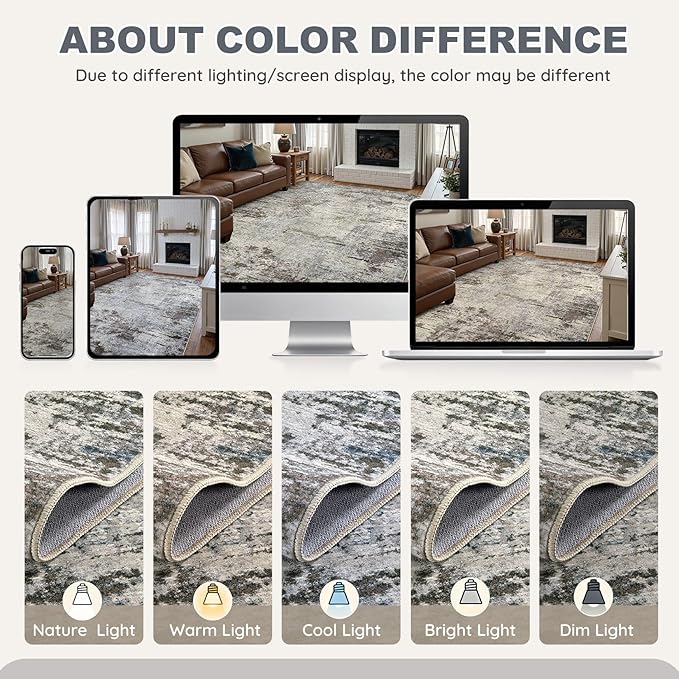Area Rug Living Room Rugs - 9x12 Washable Large Soft Indoor Neutral Modern Abstract Low Pile Rug Carpet for Bedroom Dining Room Farmhouse Home Office - Brown Rust