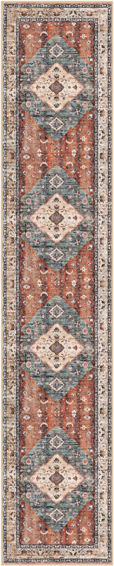 KOZYFLY Runners for Hallways 2.6x12 Ft Extra Long Washable Kitchen Boho Runner Rug for Entryway Indoor Rust/Orange/Blue Printed Faux Wool Stair Runner Floor Carpet Runner for Stair Kitchen Hall