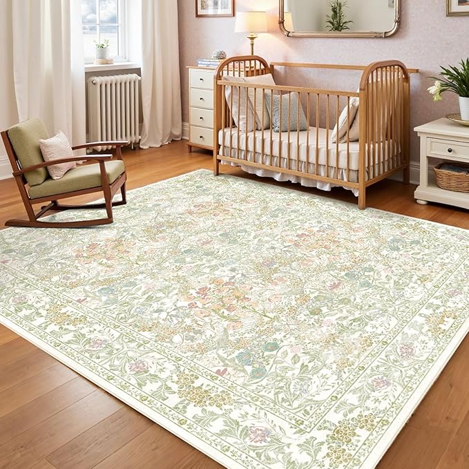 Washable Sage Green Living Room Area Rug 6x9, Boho Botanical Area Rug for Bedroom, Kitchen Table, Nursery, Home Office - Low Pile Non-Slip Vintage Carpet - Soft Farmhouse Accent Mat