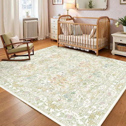 Washable Sage Green Living Room Area Rug 6x9, Boho Botanical Area Rug for Bedroom, Kitchen Table, Nursery, Home Office - Low Pile Non-Slip Vintage Carpet - Soft Farmhouse Accent Mat