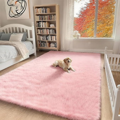 5x7 Solid Fluffy Pink Area Rug – Washable, Durable,Large Living Room Rug, Non-Slip High Pile Shag Rugs for Bedroom, Bedside, Dorms, Nursery Rooms, Kids Room, Soft Indoor Floor Carpet Decor