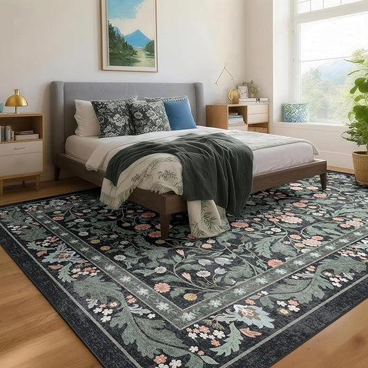 Dark Green Floral 5x7 Area Rugs for Living Room Large Washable Rug Vintage Forest Low Pile Non Slip Stain Resistance Soft Carpet for Dining Room, Bedroom, Office Rug, Kids Room, Nursery Room, Playroom