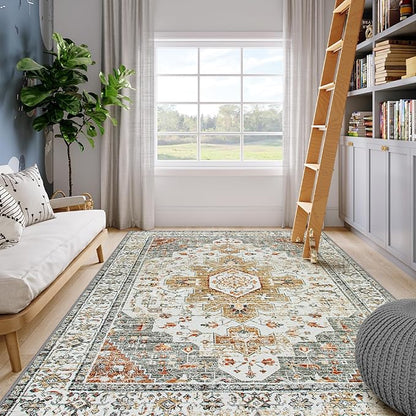 Moynesa Living Room Area Rug 9x12, Ultra-Thin Washable Large Rugs for Bedroom Under Dining Room Table, Vintage Oriental Medallion Printed Low Pile Carpet for Office Playroom Dorm, Beige/Gold