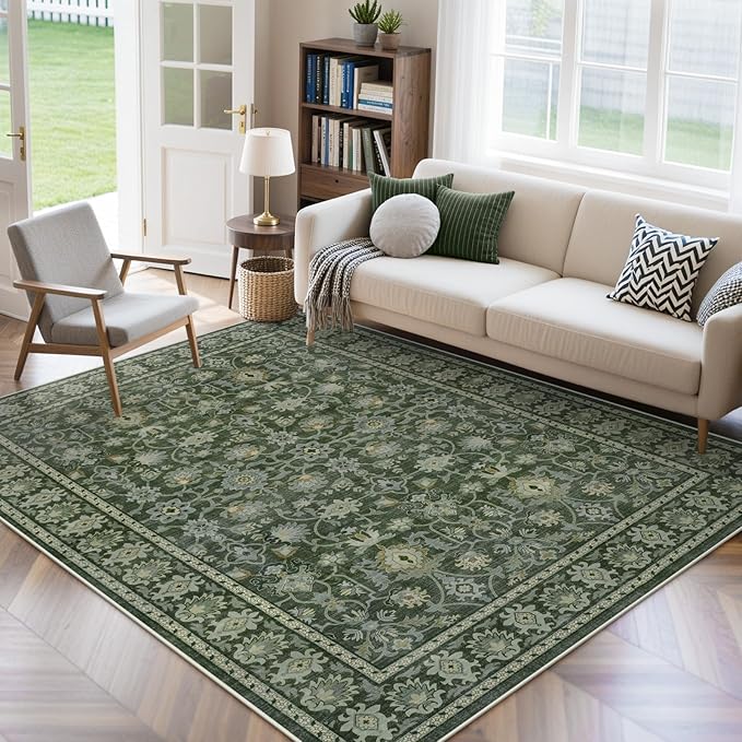 LIVEBOX Washable Area Rug 5x7 - Large Green Boho Living Room Rug Vintage Rugs for Bedroom, Lightweight Retro Carpet Floral Accent Rugs for Dining Room High Traffic Area