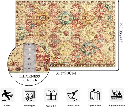 Lahome Moroccan Trellis Washable Rug, 2x3 Bathroom Rugs for Kitchen Entryway, Non-Slip Indoor Door Mat Ultra-Thin, Small Oriental Throw Carpet for Bedroom Entry, Red/Orange
