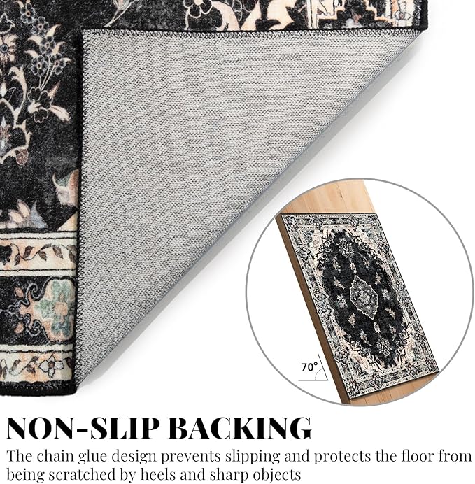 MUJOO Black Rug 3'x5' Washable, Boho Area Rugs for Entryway Bedroom Living Room Kitchen,Small Vintage Bohemian Distressed Farmhouse Non Slip Carpet,Floral