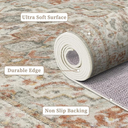 Enkor Runner Rugs for Hallway, 2x10 Washable Soft Boho Non Slip Floor Rugs for Kitchen, Modern Mat for Living Room Bedroom Entryway Beige & Orange