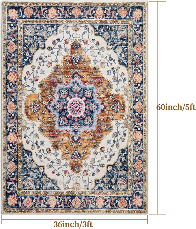Ciicool 3x5 Area Rug, Washable Boho Rugs for Bedroom Non-Slip Indoor Rugs Large Low-Pile Mat Floor Carpet Vintage Rug for Kitchen Living Room Office Dinning Foyer Decor