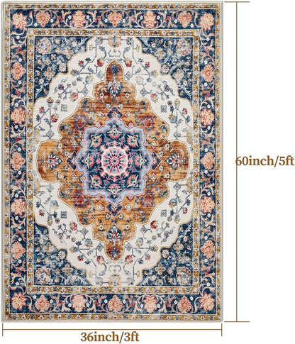 Ciicool 3x5 Area Rug, Washable Boho Rugs for Bedroom Non-Slip Indoor Rugs Large Low-Pile Mat Floor Carpet Vintage Rug for Kitchen Living Room Office Dinning Foyer Decor
