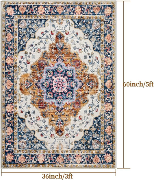 Ciicool 3x5 Area Rug, Washable Boho Rugs for Bedroom Non-Slip Indoor Rugs Large Low-Pile Mat Floor Carpet Vintage Rug for Kitchen Living Room Office Dinning Foyer Decor