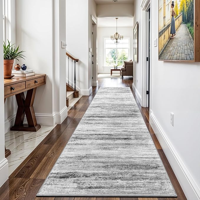 3x12 Washable Hallway Runner Rug: Extra Long Runners for Entryway Living Room Dining Room - Stain and Water Resistant Rugs with Non-Slip Backing - Soft Low-Pile Carpet 12ft Grey