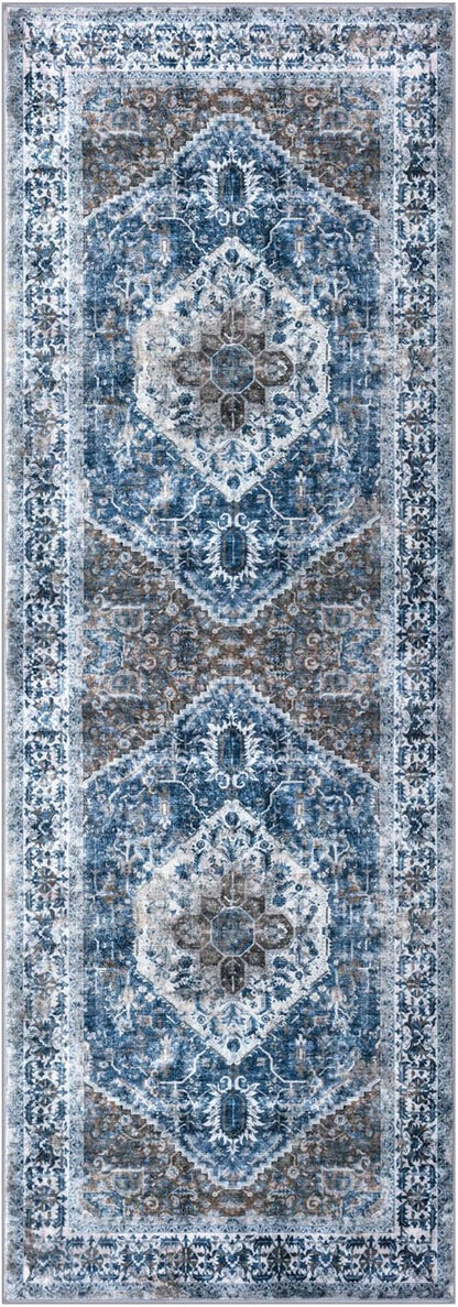 KOZYFLY Runners for Hallways 2x6 Ft Washable Kitchen Runner Rug Boho Runner Rug for Entryway Indoor Blue Printed Oriental Faux Wool Floor Carpet Runner for Bedroom Kitchen Hall