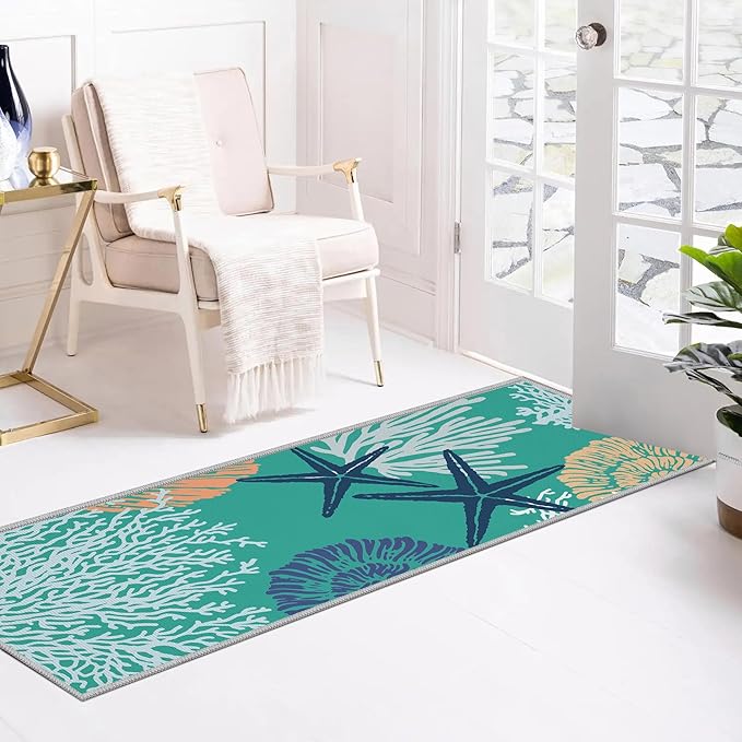 Tritard Coastal Runner Rug Nautical Hallway Rugs Beach Themed Non-Slip Machine Washable Rugs Modern Floor Carpet for Living Room Bedroom, 2x6, Teal and Turquoise