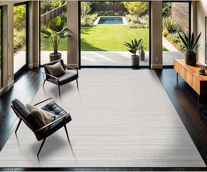 CAMILSON Micro Loop Rug 6x9 Modern Luxury Geometric Pattern Area Rugs Soft High and Low Pile Stain Resistant Easy-Cleaning Non-Shedding for Living Room Office Indoor Carpet (6 x 9 / White)