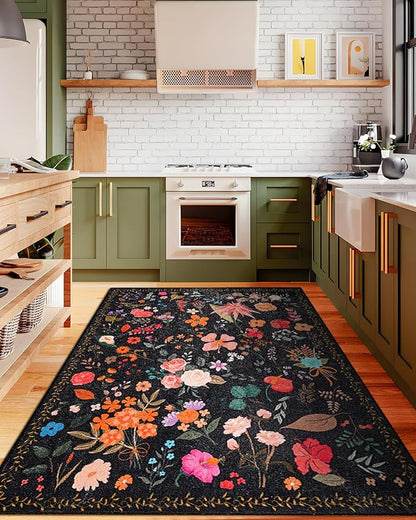 Boho Washable Area Rug 5x7 – Floral Low Pile Non-Slip Carpet for Living Room, Bedroom, Office, Playroom, Entryway, Kitchen, Dining Room (Black)