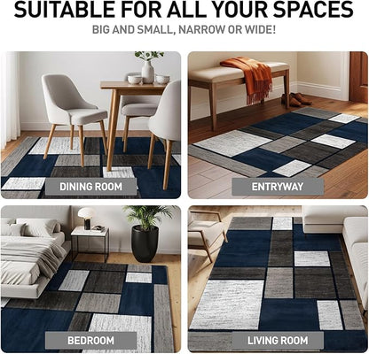 Rugshop Modern Geometric Boxes Navy Area Rug, Carpet with Jute Backing for Living Room, Large Bedroom, or Open Spaces, 9' x 12'