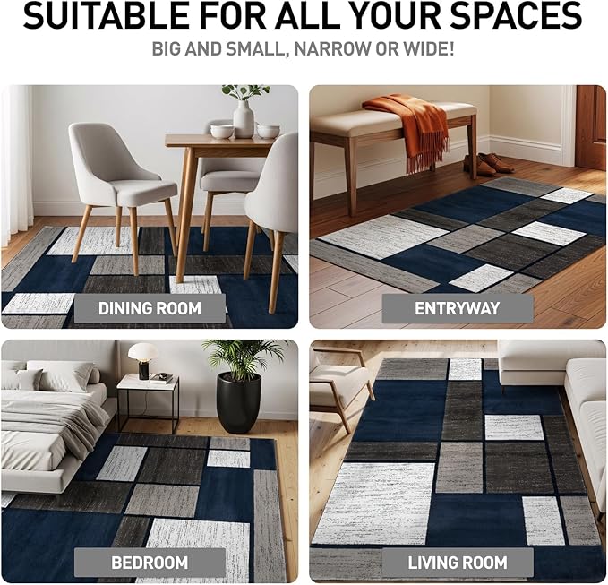 Rugshop Modern Geometric Boxes Navy Area Rug, Fade-Resistant Carpet for Bedroom, Living Room, or Study, 6'6" x 9'