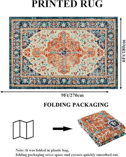 U'Artlines Boho Vintage Area Rug 6x9 Machine Washable Low Pile Soft Floor Carpet Non Slip Non Shedding Accent Rug for Living Room Bedroom Entryway Dining Room Office Orange/Multi