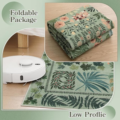 Floral Boho Washable 5x7 Area Rug for Living Room, Green Botanical Rug for Bedroom Dining Room Low Pile Non Slip, No Shed Large Carpet for Home Office Decor