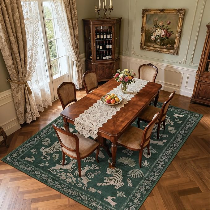 Moynesa Green 8x10 Area Rugs for Living Room, Washable Vintage Neutral Farmhouse Animal Area Rug for Bedroom Dining Room Office Study, Faux Wool Soft Non Slip Retro Carpets for Indoor
