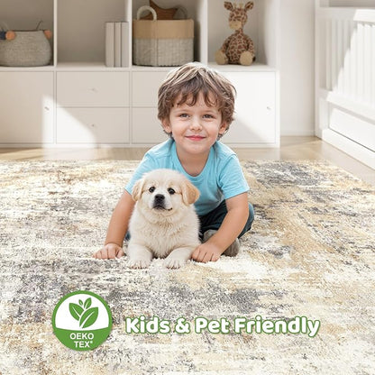 5x8 Area Rug Living Room: Machine Washable Large Abstract Soft Thin Rugs Stain Resistant Indoor Floor Non-Slip Accent Carpet for Bedroom Nursery Playroom Office Dining Room Dorm- Gray Gold