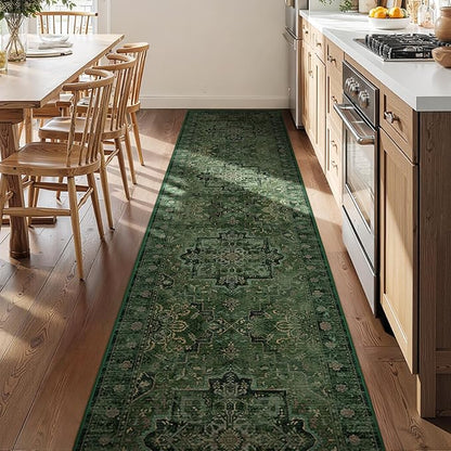 Dark Green Runner Rug 2x10 for Hallways, Retro Distressed Moody Medallion Long Carpet Runner for Entryway Mudroom, Low Pile Thin Soft Kitchen Bathroom Runner Rug Non Slip Washable