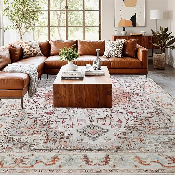 Large Area Rugs 6x9, Washable Vintage Rugs -Low Pile, Soft Plush Rugs for Bedroom, Kitchen, Dining Room, Stain Resistance, Non Shedding & Kid & Pet Friendly, Beige
