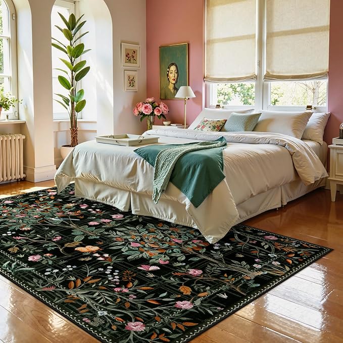 Morebes Boho Flower Rug for Living Room Non Slip, Washable Area Rugs 5x7, Soft Black Floral Birds Low-Pile Floor Indoor Throw Carpet for Bedroom Dining Room Dorm Playroom Foyer Office