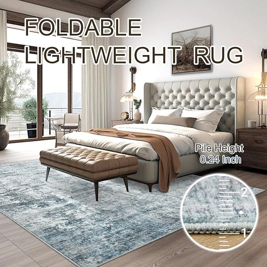 Abstract Rug 5x7 Machine Washable Area Indoor Blue Low Pile Non-Slip Foldable Thin Accent Rugs for Bedroom Living Room Dining Room