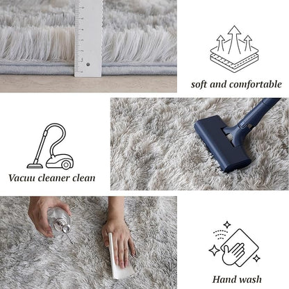 6x9 Area Rugs for Living Room Bedroom, Soft Fluffy Shaggy Bedside Rug, Indoor Floor Carpet for Kids Playroom, Dorms, Nursery Rooms, Home Decor (Tie-Dyed Light Grey 6'x9')
