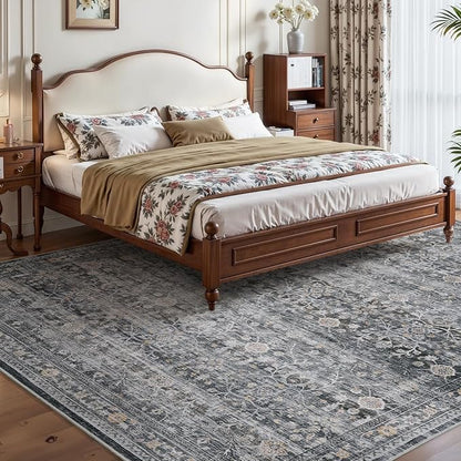 MontVoo-Vintage Area Rug 6X9 Grey Rugs for Living Room-Soft Distressed Printed Rugs for Bedroom-Non Slip Carpet-Machine Washable Rug for Dining Room Living Room Bedside Office