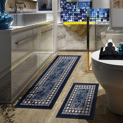 Antep Rugs Alfombras Modern Bordered 2pc Non-Skid (Non-Slip) Low Profile Pile Rubber Backing Indoor Kitchen Runner Rugs (Navy Blue, 2pc Set)