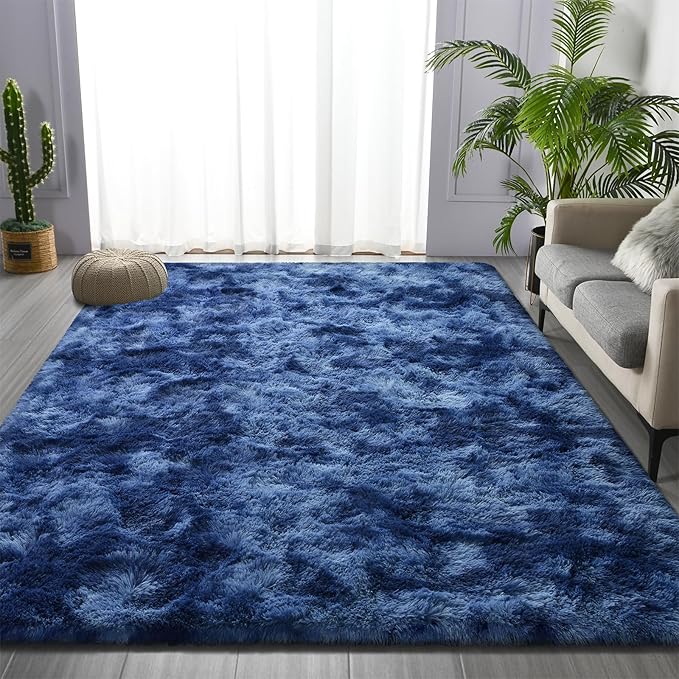 Large Shag Area Rugs 8 x 10, Plush Fuzzy Rugs for Living Room, Ultra Soft Fluffy Furry Rug for Bedroom, Indoor Carpet Nursery Rugs for Kids Room Home Decor, Tie-Dyed Navy Blue