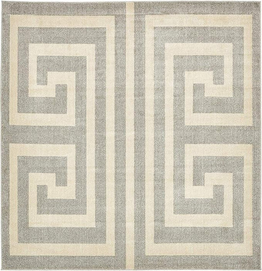 Unique Loom Athens Collection Classic Geometric Modern Border Design Area Rug (8' 0 x 8' 0 Square, Gray/ Beige)