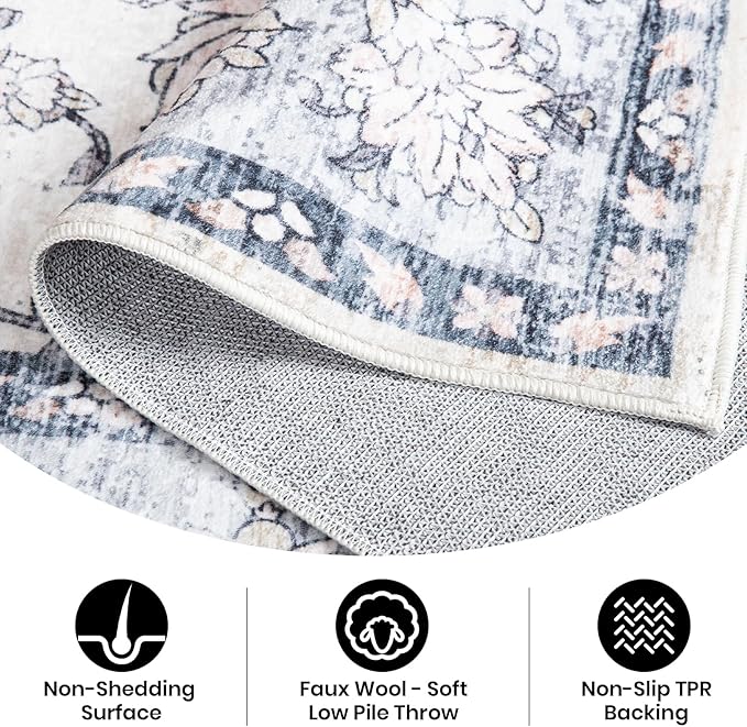 Area Rug for Living Room, 6x9 Machine Washable Non Slip Large Faux Wool Throw Rug, 0.3″ Low Pile & Non-Shedding Boho Large Carpet Rugs for for Dining Room, Bedroom, Office (Gray Purple)