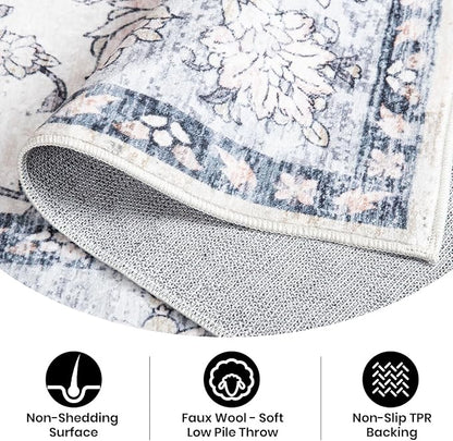Area Rug 5x7, Washable Faux Wool Throw Rugs for Living Room, 0.3″ Non Slip Low Pile Vintage Boho Carpet for Ding Room, Home Office, Bedroom, Kids Room, Bedside (Gray Purple)